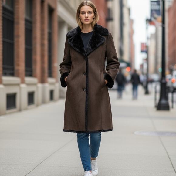 Marvin Richards Long Coat Womens XL Brown Faux Suede Faux Fur Lined Penny Lane - Picture 1 of 16